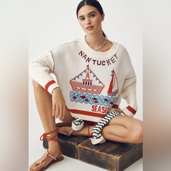 Maeve Sweaters - NWT Maeve Graphic Cable-Knit Sweater with Nautical Charm Nantucket Sailboats